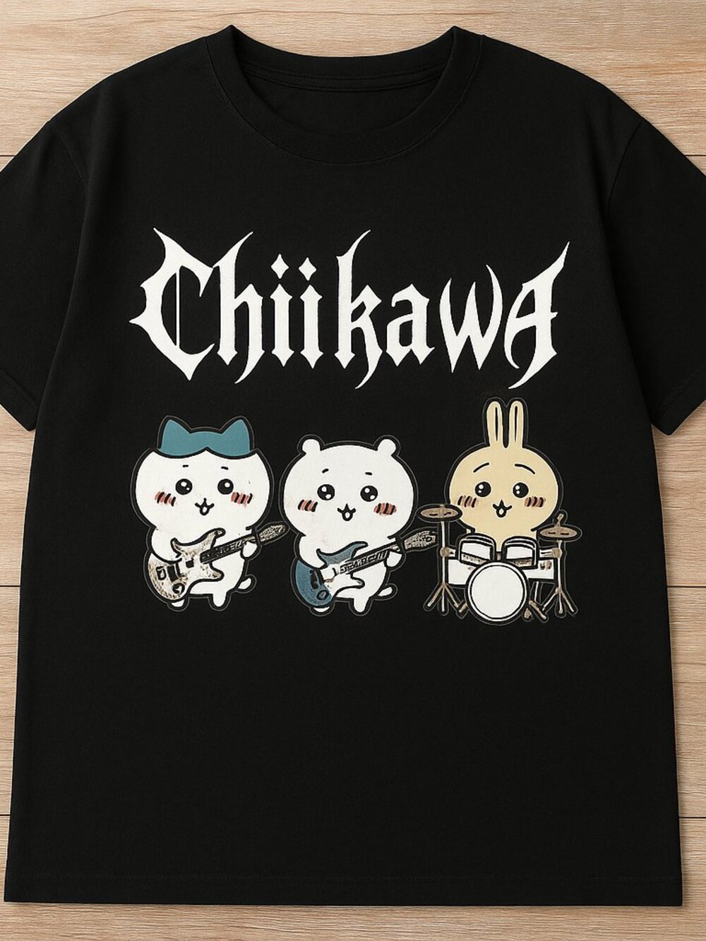 Cute Chiiikawa Band T-Shirt Kawaii Cartoon Music Graphic Black Tee